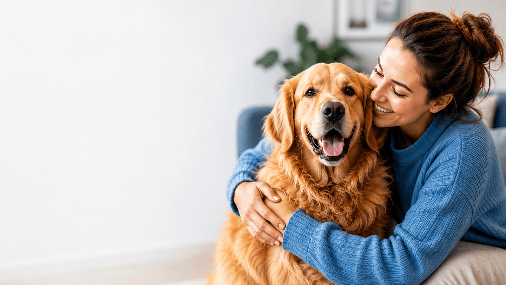 Smiling woman hugging a happy golden retriever